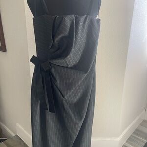 Sleeveless Black Pinstripe Wrap Dress with Tie Detail